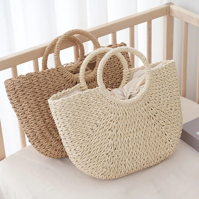 Summer Half-moon Straw Bag For Women Handmade Portable Handbag Large Capacity Beach Bag Basket Woven Top-handle Bag Purse Totes