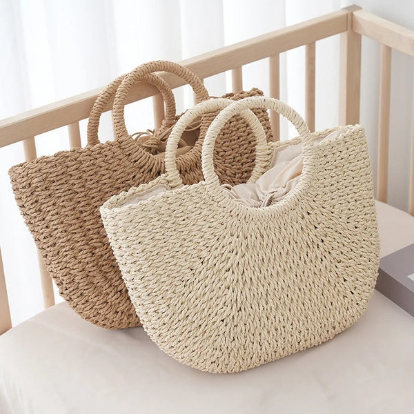 Summer Half-moon Straw Bag For Women Handmade Portable Handbag Large Capacity Beach Bag Basket Woven Top-handle Bag Purse Totes