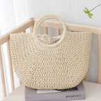 Summer Half-moon Straw Bag For Women Handmade Portable Handbag Large Capacity Beach Bag Basket Woven Top-handle Bag Purse Totes